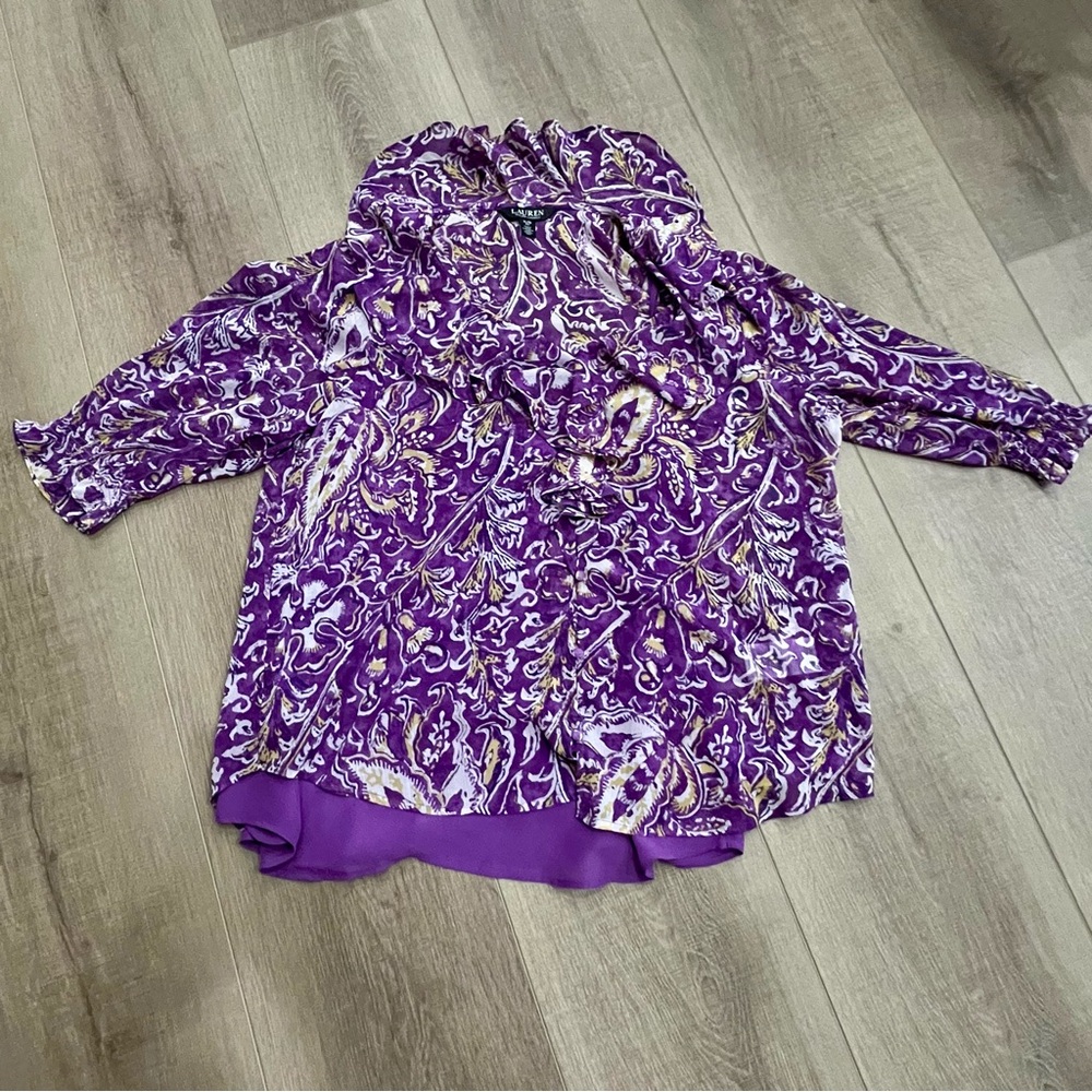 Lauren Ralph Lauren Top & Cami Purple XL/TG Floral Chiffon Ruffle SemiSheer Boho - Picture 8 of 13